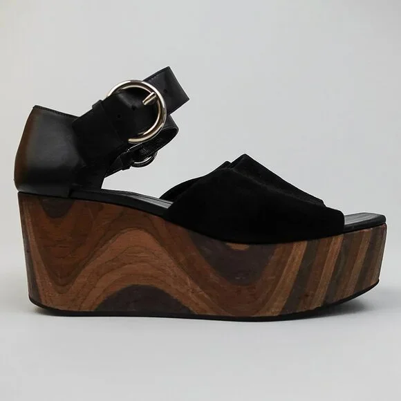 Celine Black Suede Platform Wavy Wood Block Heeled Buckle Sandal - FR 39/US 9 - Picture 3 of 12